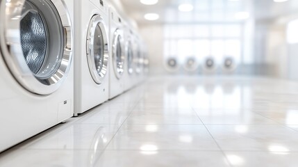 A row of modern, sleek washing machines is showcased in a bright and spacious laundry room, emphasizing cleanliness and convenience in household chores.