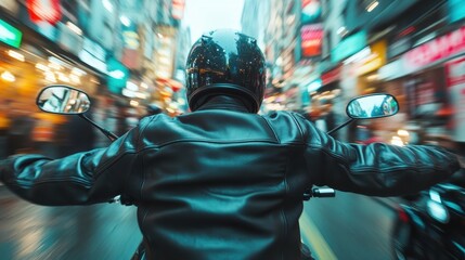 Fototapeta premium A dynamic scene showcasing a motorcyclist riding through a bustling urban landscape, capturing the energy and speed of city life amidst colorful storefronts and vibrant lights.