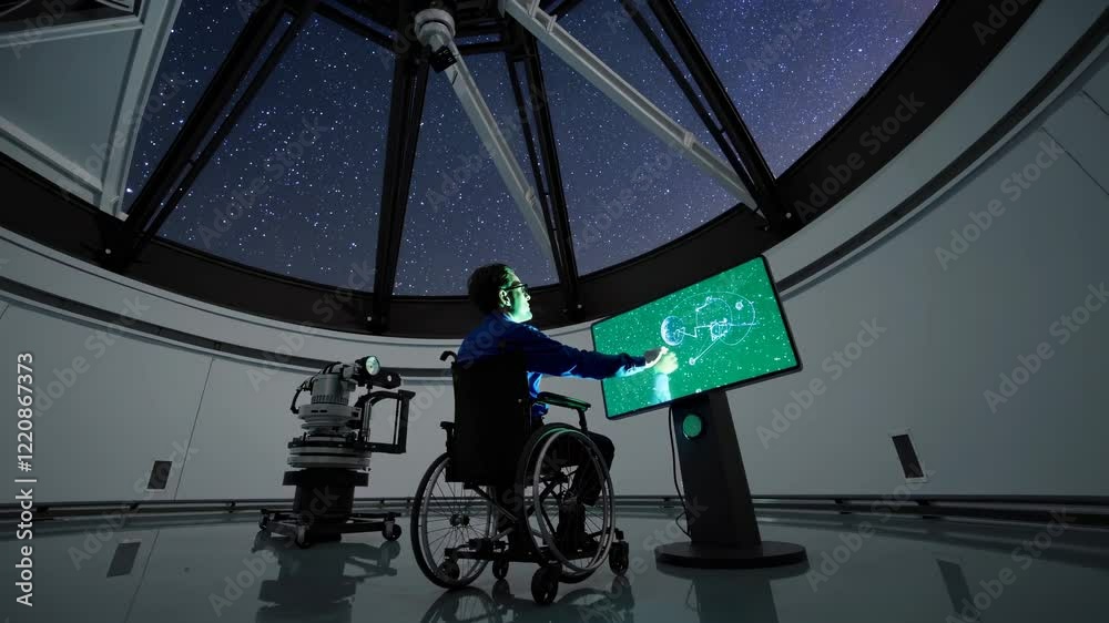 Poster exploring the cosmos with cutting-edge technology in a modern observatory at night