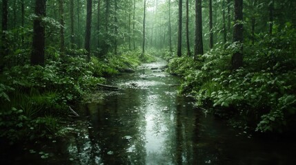 Obraz premium A stunning stream flows through a lush forest, capturing the harmony of nature with its vibrant hues and inviting ambiance that draw the viewer into the serene environment.
