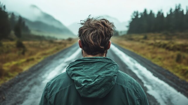 A solitary man stands with his back to the camera on a misty mountain road, encapsulating a moment of reflection and introspection in nature's splendor.