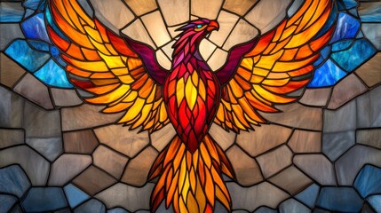 Vibrant Stained Glass Phoenix with Fiery Colors and Intricate Design