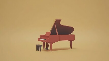 Red piano and stool on beige studio background