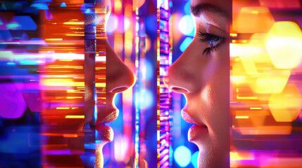 Abstract portrait with vibrant colors and light reflections, showcasing dual faces