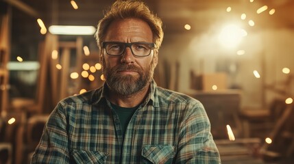 Fototapeta premium A skilled man stands confidently amidst a warm workshop, embodying craftsmanship and dedication while sparks fly around him in a vibrant, engaging environment.