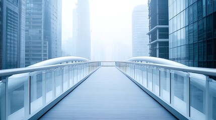 A cityscape featuring a long, empty walkway with curved guardrails and glass panels on either side, set amidst towering buildings and a hazy sky.