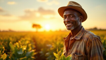 African adult male farmer smiling in sunlit field, wearing hat and plaid shirt