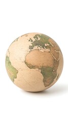 A globe made of natural materials, showcasing continents and oceans, symbolizing Earth and global awareness.