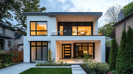 Fototapeta premium A modern two-story house with white marble siding and black accents.