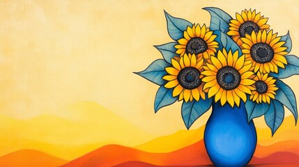 Vibrant Sunflower Bouquet in Bright Blue Vase Against Warm Background