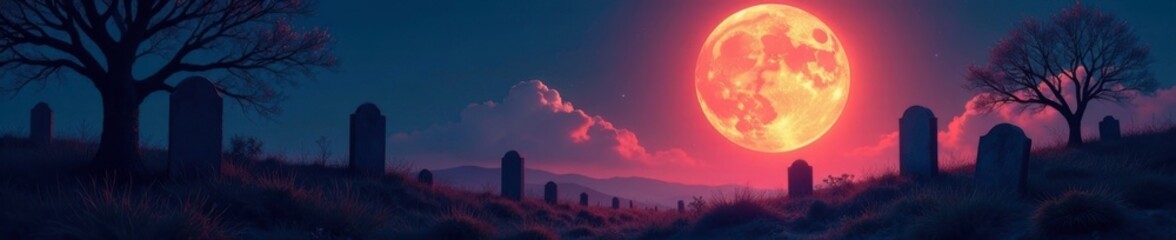 Full moon casts an otherworldly glow over a graveyard, graveyard, haunted, full moon