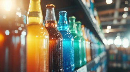 A captivating display of assorted colorful bottles lined up in a store, reflecting the vibrant energy and variety of refreshing beverages available for consumers.