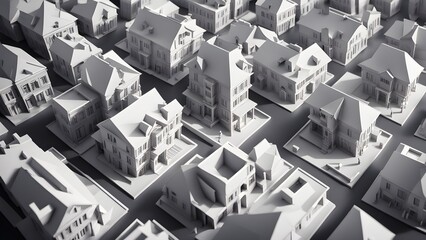 Obraz premium Aerial view of a minimalist monochrome residential neighborhood, showcasing uniformly designed houses with architectural details.