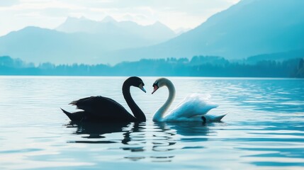 Fototapeta premium Black Swan and White Bird Forming Heart Shape in Calm Water