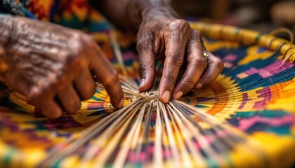 Elderly african woman weaving colorful basket with skilled hands