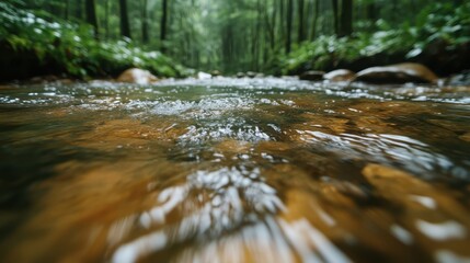A close-up shot of bubbling stream water flowing over stones, highlighting the texture and movement of water that symbolizes the peacefulness of nature.