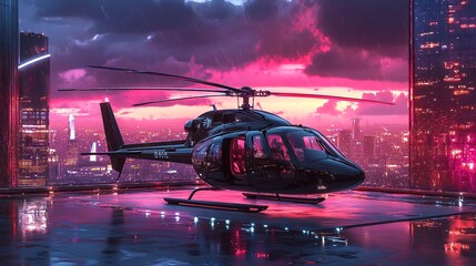 A black helicopter with pink accents sits on a helipad in front of a city skyline at sunset.