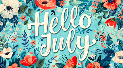 Sign Hello July on floral background