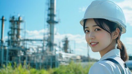 A woman in a white hard hat and a green shirt stands proudly in a green field near an industrial facility. The sun shines brightly, highlighting her professional demeanor and the machinery behind her