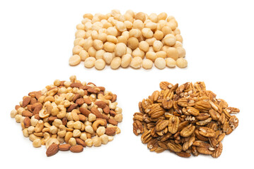 Mix of nuts isolated on white background. Top view.