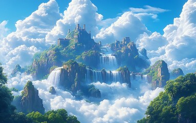 Castle Landscape Waterfall Serenity Clouds