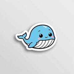 Cute blue whale sticker with a smiling face, designed in a playful cartoon style, perfect for children’s decor or ocean-themed items.