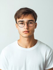 Fototapeta premium A young man with short hair, wearing a plain white t-shirt and round black glasses.