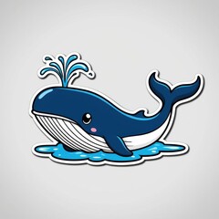 Naklejka premium Cute cartoon whale splashing water, set against a simple background, perfect for children's themes or marine life illustrations.