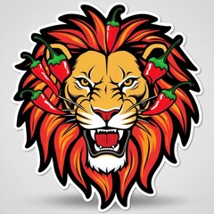Obraz premium Colorful graphic of a fierce lion's head adorned with red chili peppers, symbolizing strength and boldness.