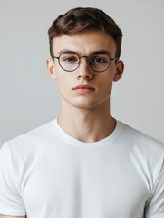 Fototapeta premium A young man with short hair, wearing a plain white t-shirt and round black glasses.