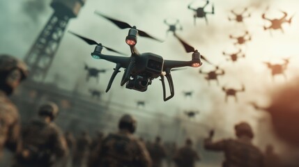 A powerful image showcasing a swarm of military drones hovering over a group of soldiers, illustrating the blend of technology and warfare in modern combat situations.