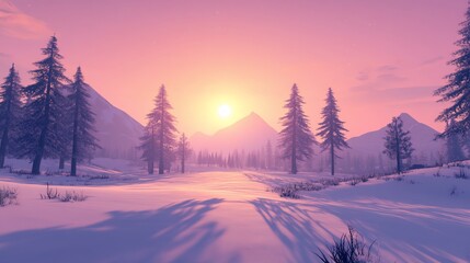 Pink winter sunset over snowy mountains and pines. Ideal for winter wonderland or nature themes