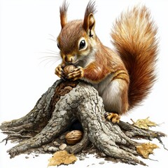 Obraz premium Squirrel Holding Walnut on Tree Stump Surrounded by Autumn Leaves and Textured Bark in a Vibrant Natural Setting