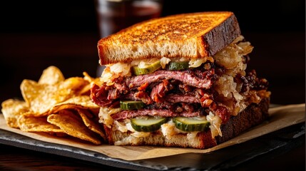 An appetizing close-up shot of a layered sandwich filled with corned beef, pickles, and sauerkraut, served with crispy chips, perfect for food lovers and culinary enthusiasts.