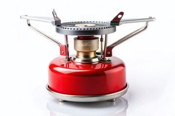 Obraz premium Minimalist Red Portable Camping Gas Stove Isolated on White Background