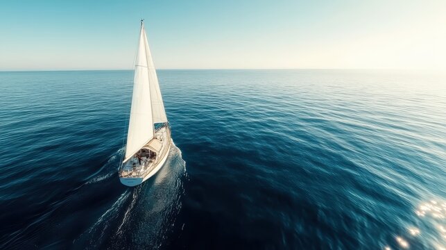 A peaceful sailboat glides across the tranquil ocean waters during sunset, offering a serene escape into nature's beauty and calm reflections on the surface.