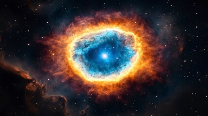 Obraz premium Vibrant Cosmic Nebula with Bright Blue and Fiery Orange Halo