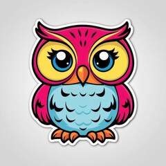 Fototapeta premium Colorful cartoon owl with large eyes and vibrant feathers, perfect for kids’ designs or playful themes.