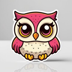 Fototapeta premium Cute cartoon owl with big eyes and pink feathers, perfect for children's designs and playful themes.