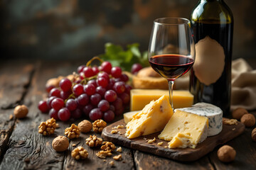 The elegant arrangement of wine and cheese in a cozy and attractive atmosphere on a rustic wooden table with warm surrounding lighting
