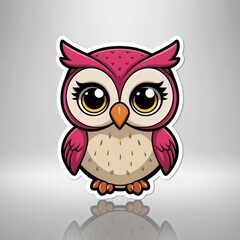 Fototapeta premium Cute cartoon owl with pink feathers and big eyes, sitting against a light background, showcasing a whimsical design.