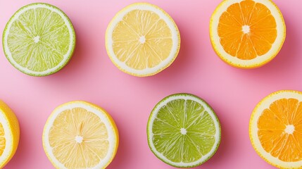 Fototapeta premium Juicy fruit display sliced citrus varieties on pink background food photography vibrant freshness