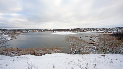 Winter landscape by the lake with phragmites and trees background. ice on the river, Common reed. on the river bank. behind a group of reeds by the lake in winter. Frozen, on a cold winter day