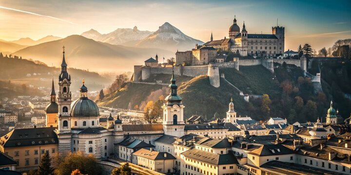 Minimalist Salzburg Skyline Panorama from Monchsberg Hill, Austria