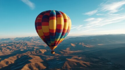 Obraz premium A spectacular view of a colorful hot air balloon soaring over rolling mountains, capturing the essence of adventure and the freedom of the open skies.