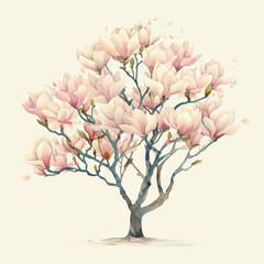 Fototapeta premium Delicate Magnolia Tree in Bloom Watercolor Illustration of Spring Serenity