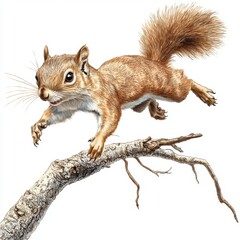 A Vibrant Squirrel Leaping Joyfully from a Branch in a Lively and Artistic Illustration Style