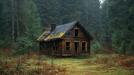 An abandoned house in the woods with moss growing on the roof.