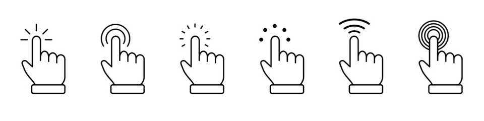 Hand cursor icon. Mouse click. Pointer arrow set. Hand swipe.
Vector illustration