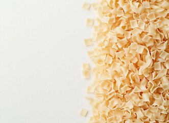 Obraz premium Photo of a pile of instant noodles on a white background, top view with space for text. White color isolated background. Close-up shot of uncooked, undigested, slimy ramen noodle blocks. Photorealisti